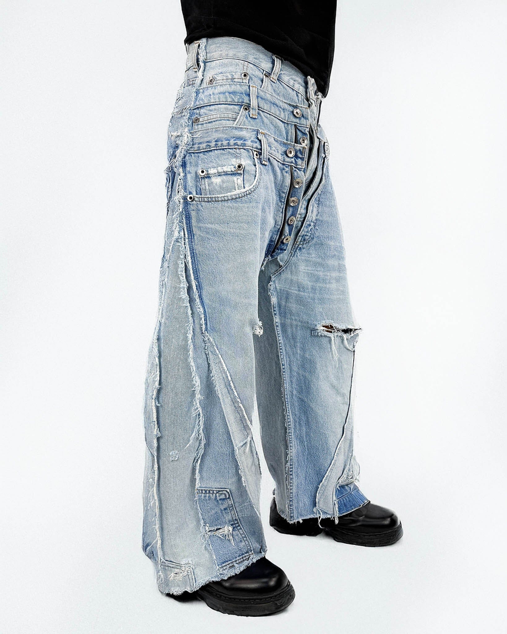 Triple Jeans Light Blue – wide leg denim made from 3 vintage jeans. Light blue stonewash, raw edges, and oversized unisex fit. Unique reconstructed streetwear design.