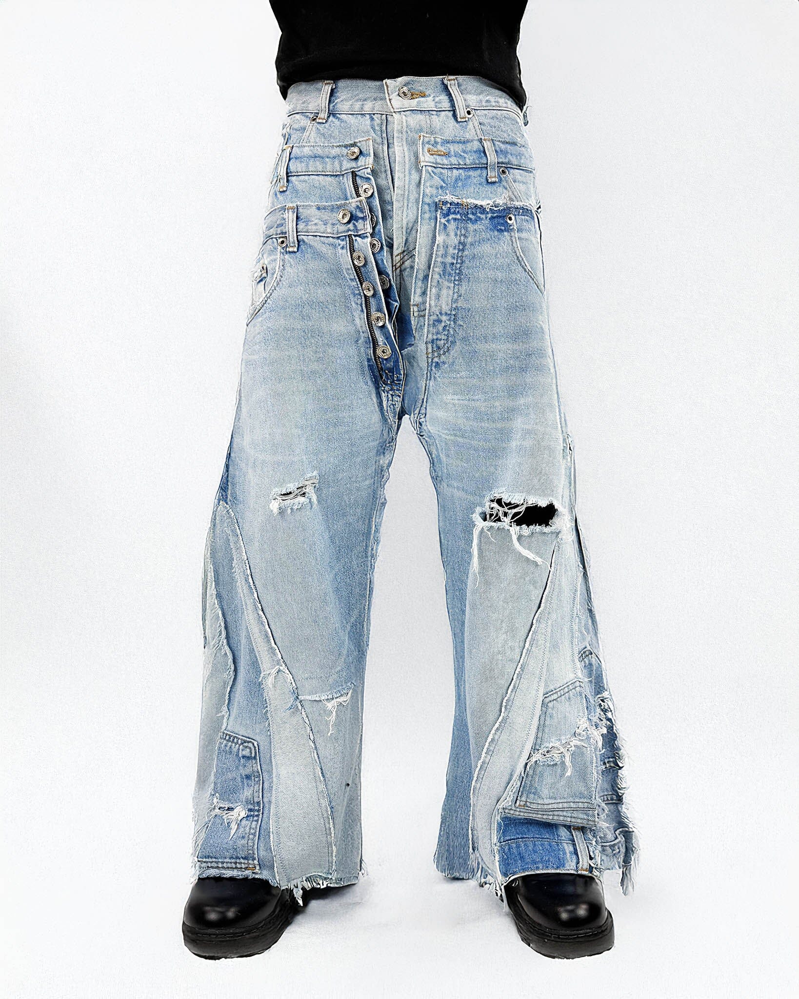 Triple Jeans Light Blue – wide leg denim made from 3 vintage jeans. Light blue stonewash, raw edges, and oversized unisex fit. Unique reconstructed streetwear design.