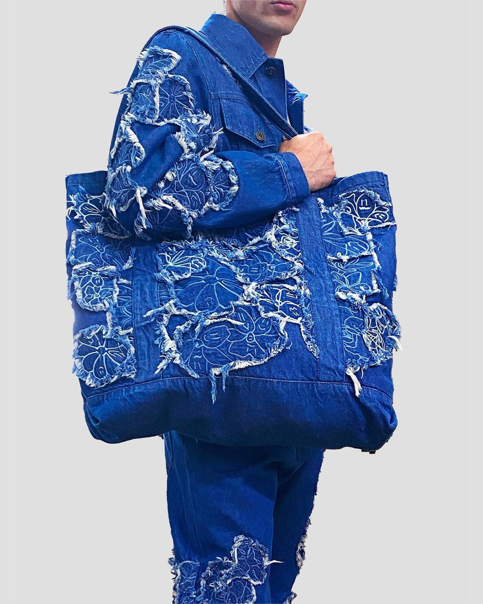 Denim shopper bag patchwork flowered blue