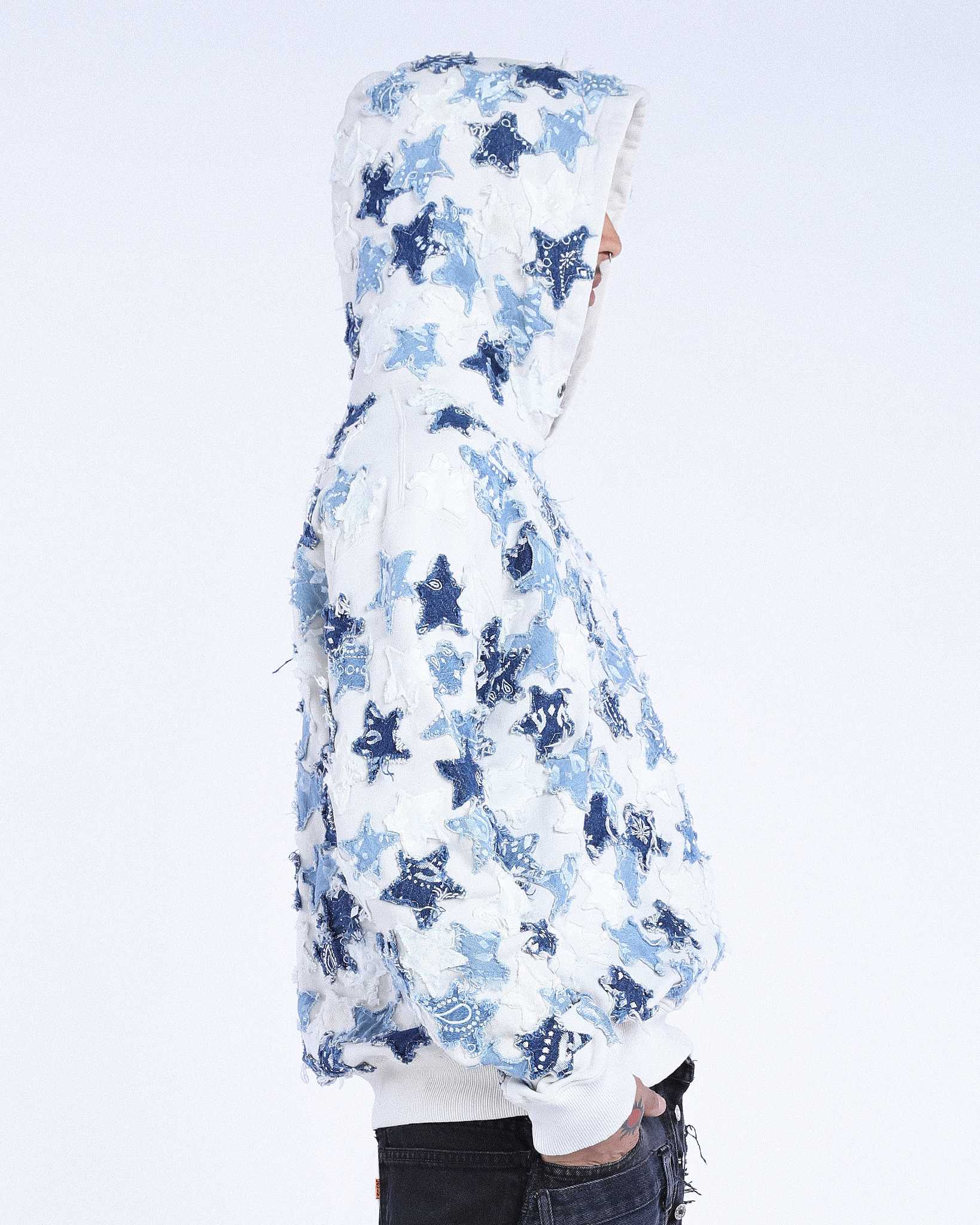 Hoodie Over Patchwork Denim Stars Cream