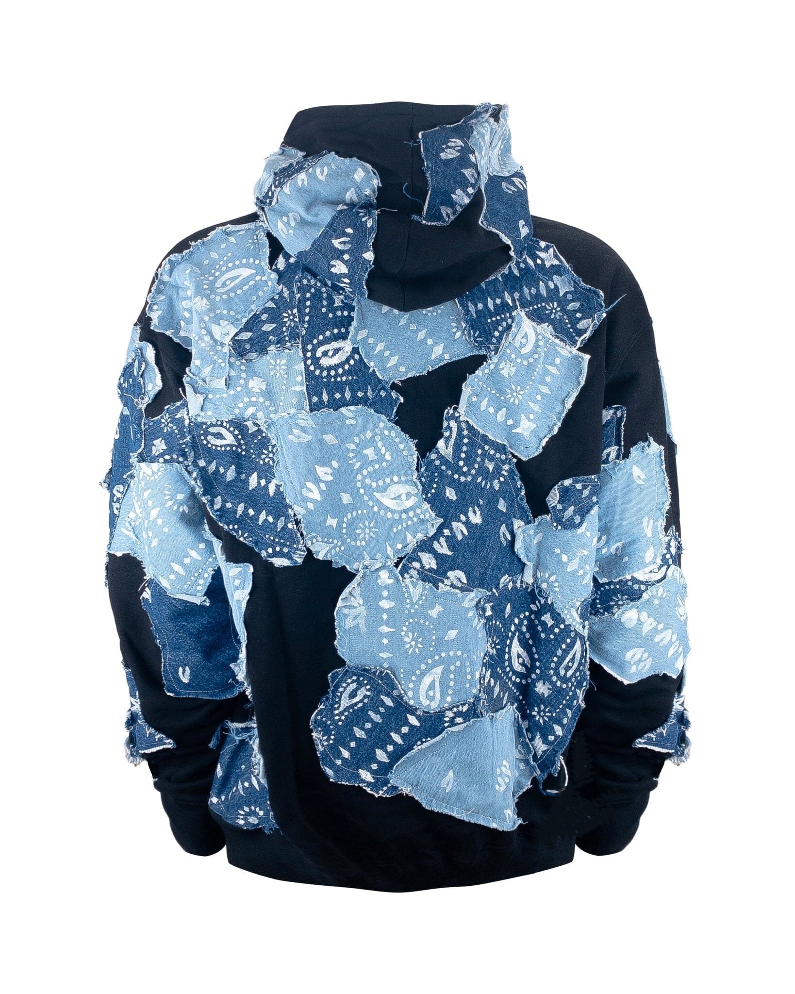 Hoodie Over Zip Patchwork Denim BANDANA BLACK