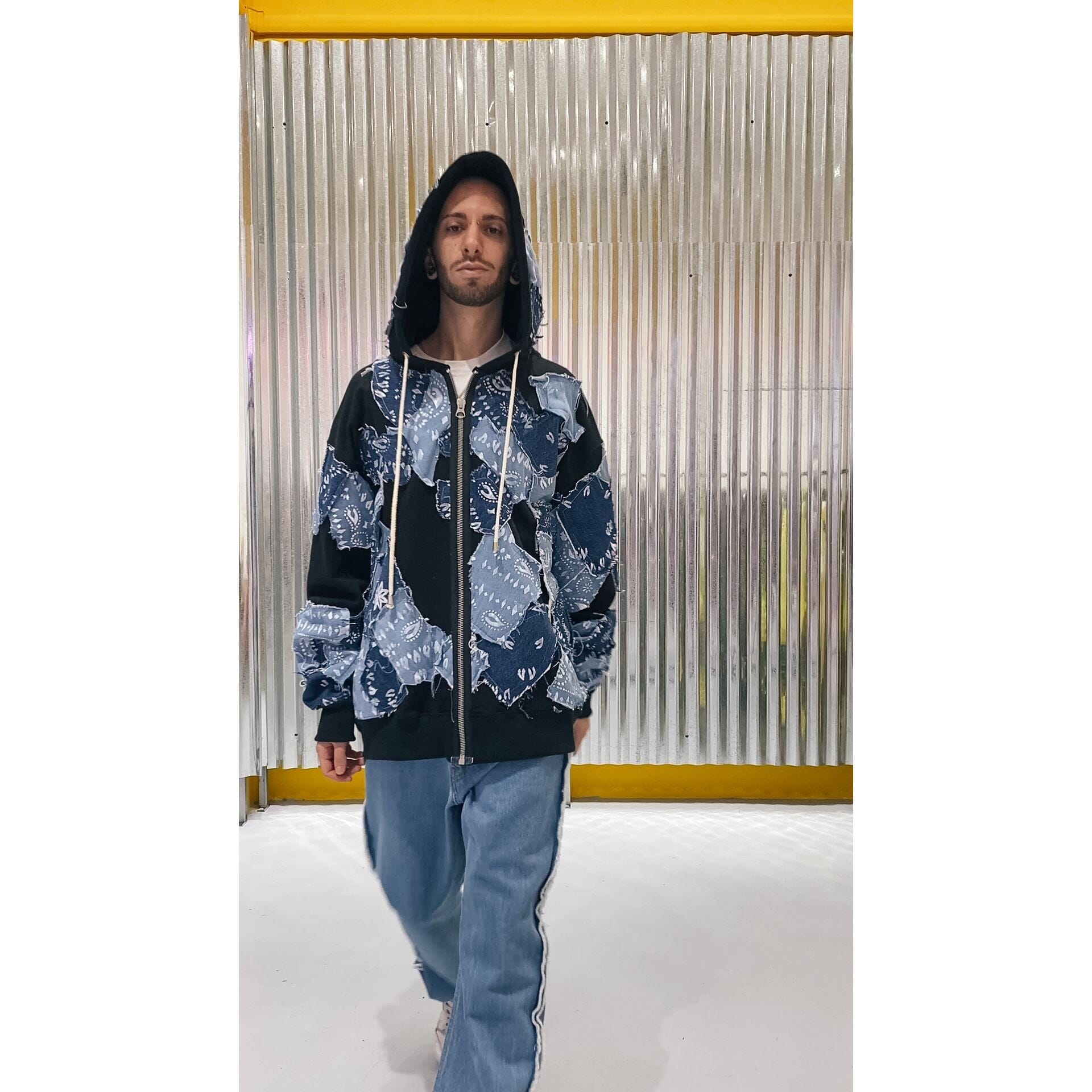 Hoodie Over Zip Patchwork Denim BANDANA BLACK