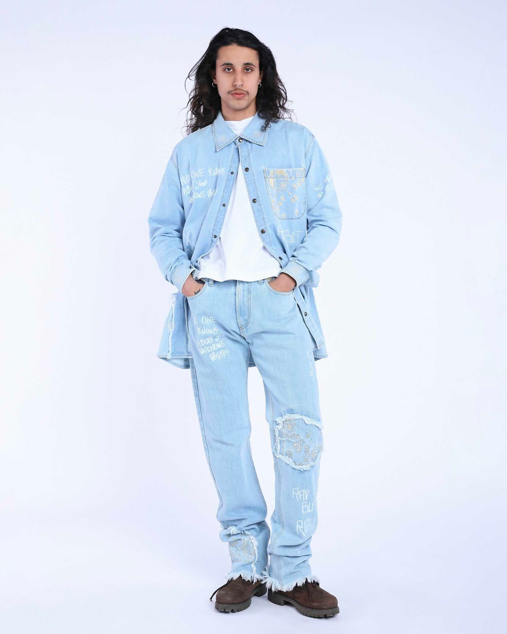 Jeans Straight Embroidered Bandana Blue
