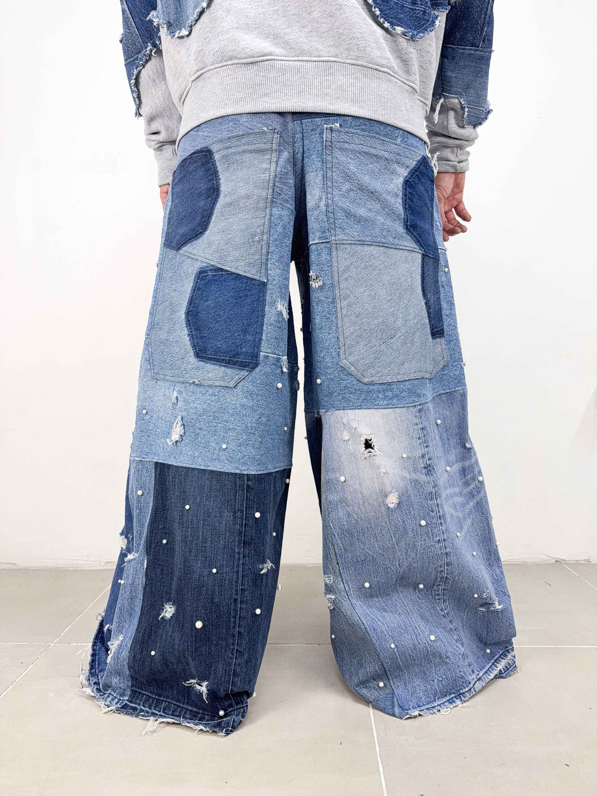 Ultra Wide Leg Pearl Patchwork Jeans
