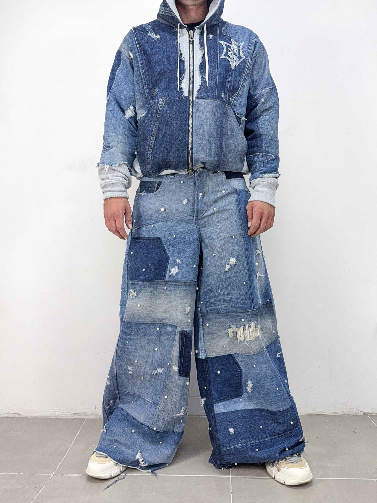 Ultra Wide Leg Pearl Patchwork Jeans