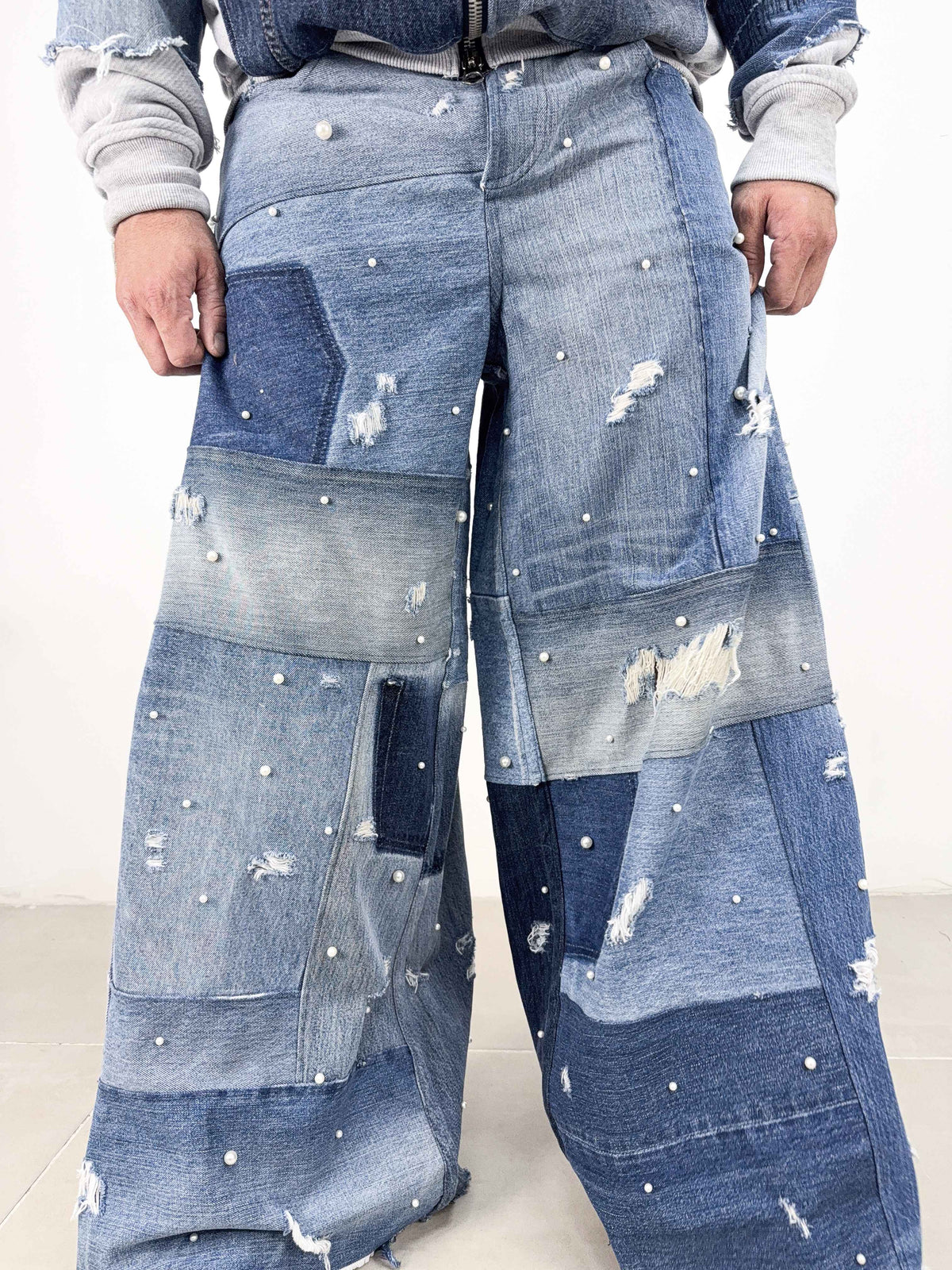 Ultra Wide Leg Pearl Patchwork Jeans