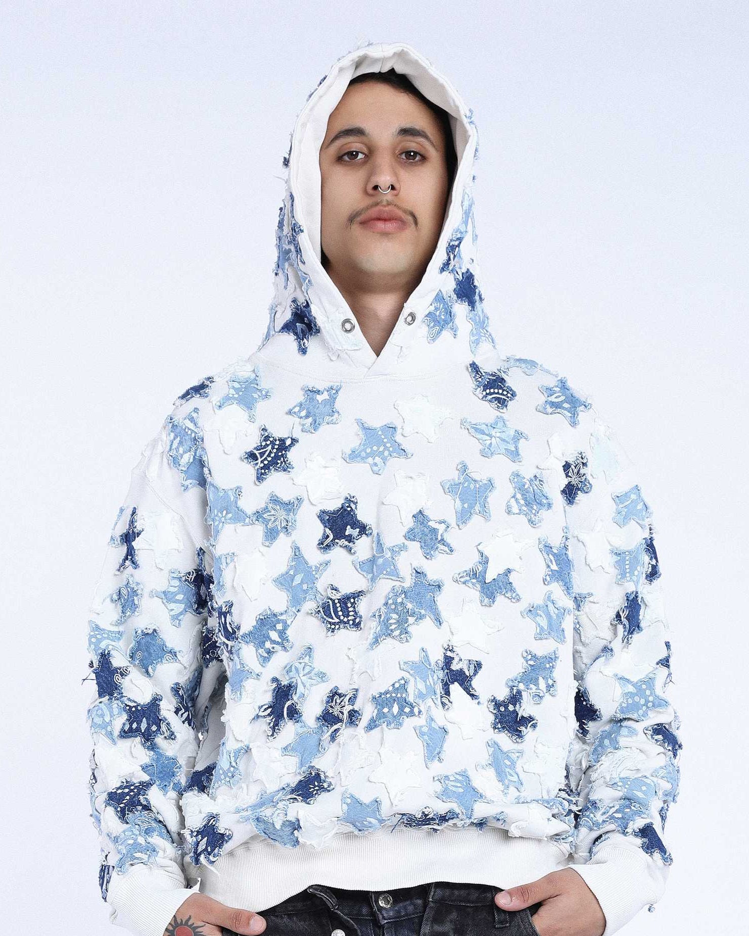 Hoodie Over Patchwork Denim Stars Cream