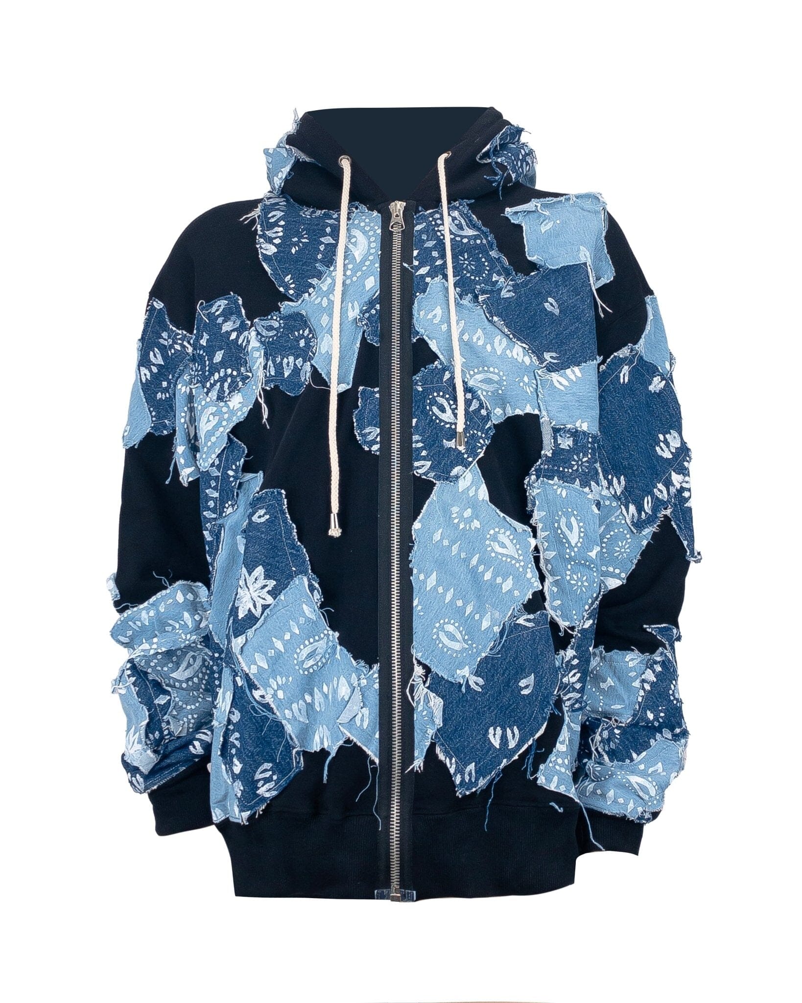 Hoodie Over Zip Patchwork Denim BANDANA BLACK