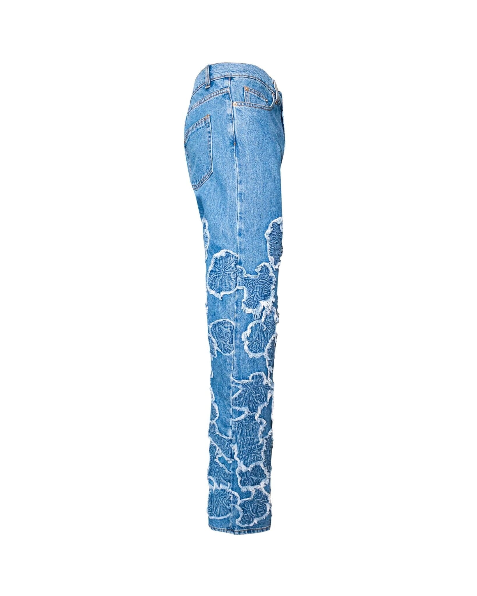 Jeans Straight Baggy blue flowers embroidery