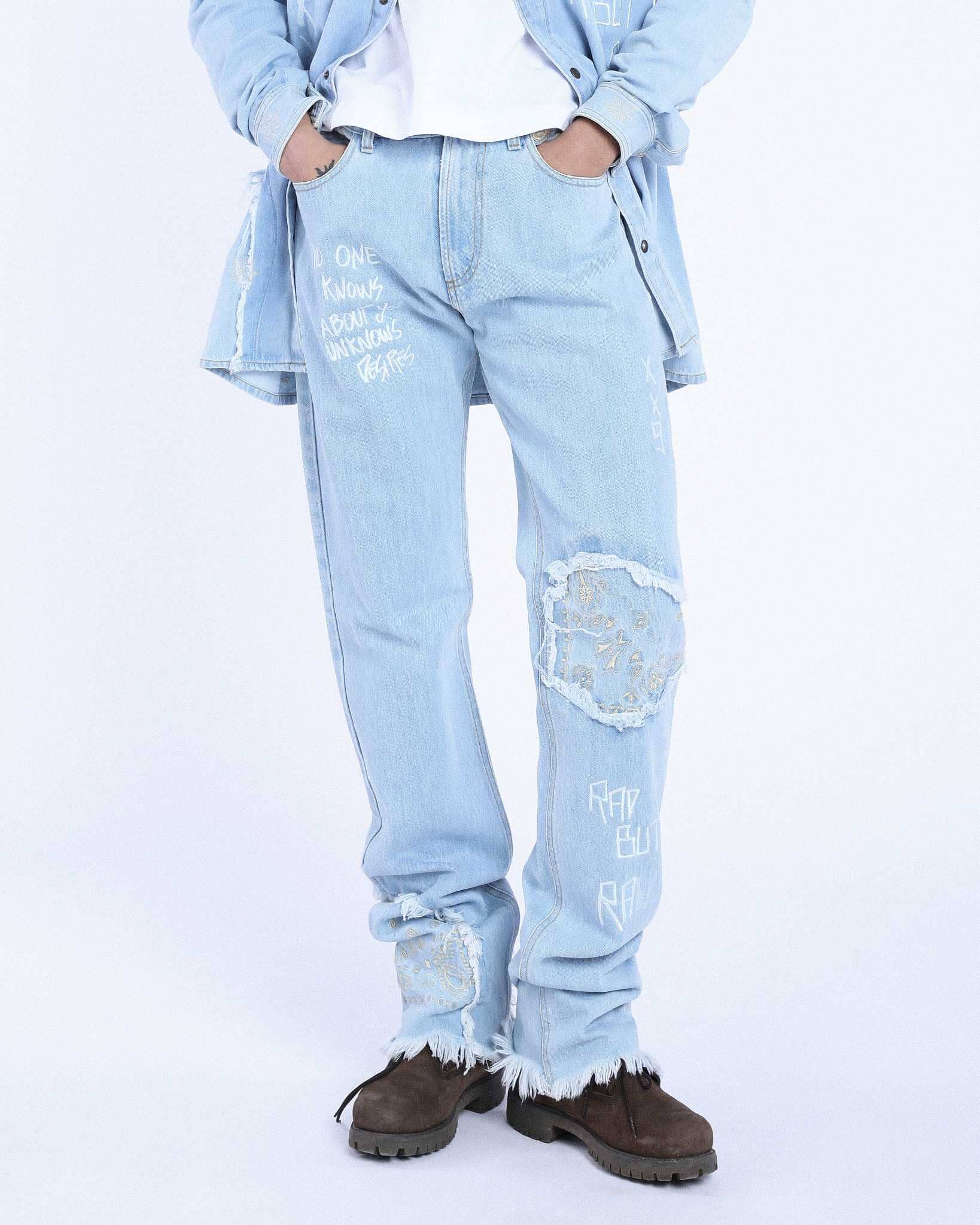 Jeans Straight Embroidered Bandana Blue