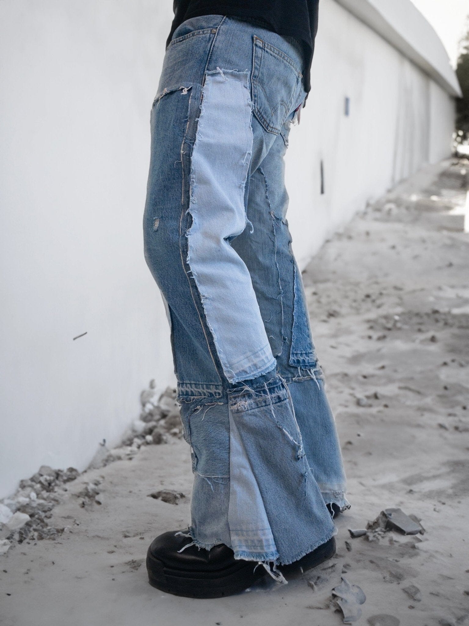 Jeans Straight Flare Reworked Vintage Paneled Blue
